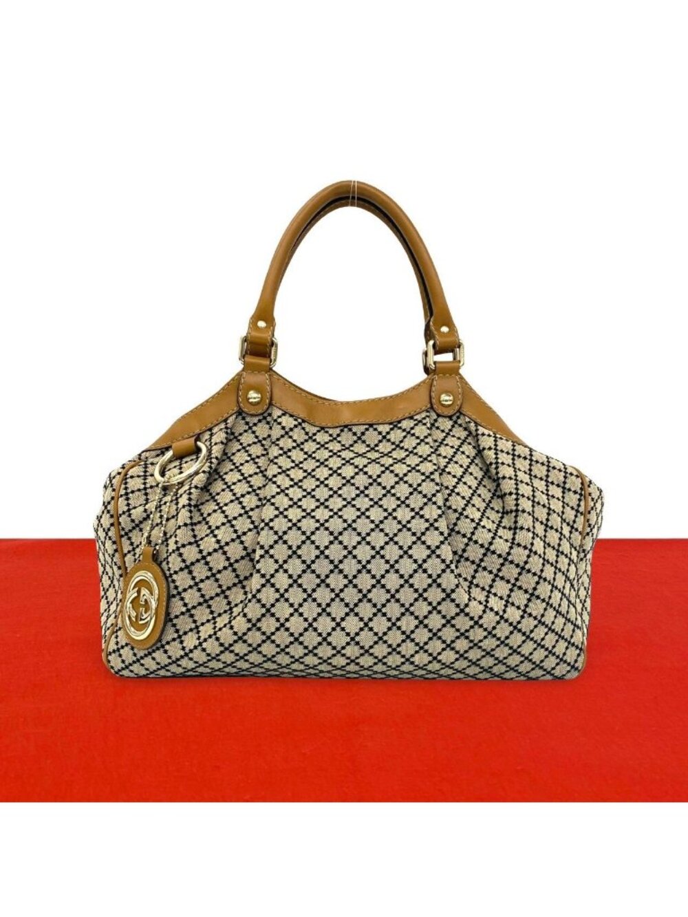 Gucci Sukey Diamante Canvas Leather Handbag Beige Camel Black